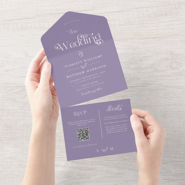Elegant Dusty Purple Whimsical Wedding  All In One Invitation (Tearaway)