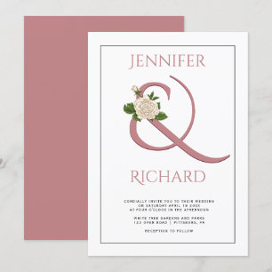 Elegant dusty rose ampersand, white rose wedding invitation