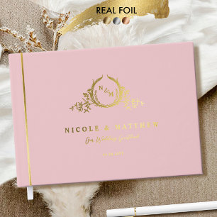 Elegant Dusty Rose and Real Foil Monogram Wedding Guest Book