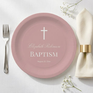 Elegant Dusty Rose Baptism Paper Plate