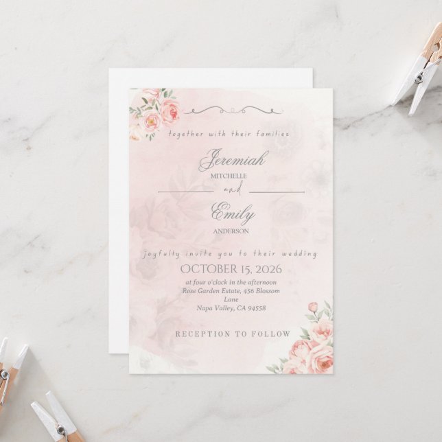 Elegant Dusty Rose Boho Cute Wedding Invitation (Front/Back In Situ)
