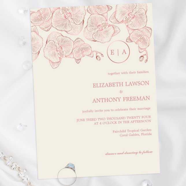 Elegant Dusty Rose Botanical Orchid Sketch Wedding Invitation (Creator Uploaded)