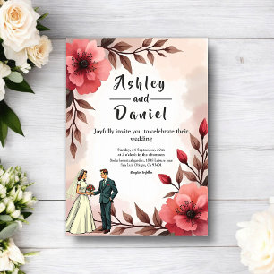 Elegant Dusty Rose Bride And Groom Floral Wedding Invitation