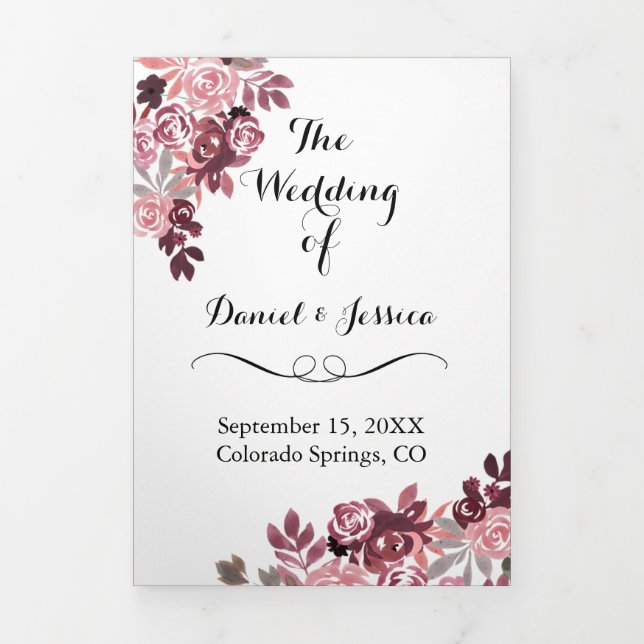 Elegant Dusty Rose Burgundy Floral Wedding Program Tri-Fold Programme (Cover)