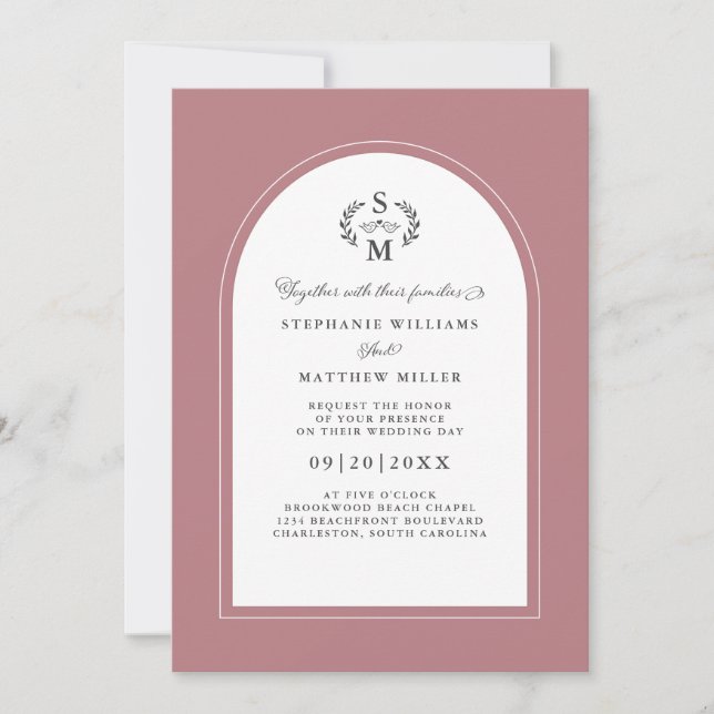 Elegant Dusty Rose Calligraphy Crest Arch Wedding Invitation (Front)