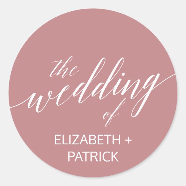 Elegant Dusty Rose Calligraphy Wedding Envelope Classic Round Sticker (Front)