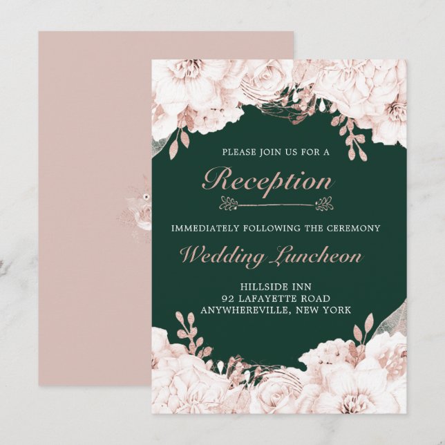 Elegant Dusty Rose Floral Forest Green Reception Invitation (Front/Back)