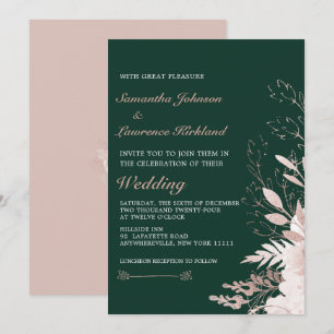 Elegant Dusty Rose Floral Forest Green Wedding Invitation