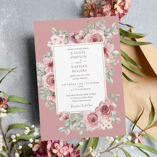 Elegant Dusty Rose Floral Gold Wedding Invitation (Creator Uploaded)