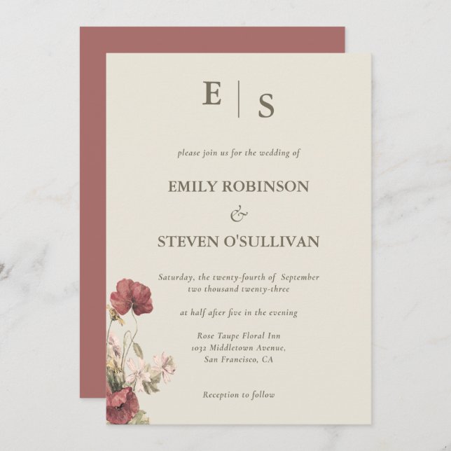 Elegant Dusty Rose Floral Monogrammed Invitation (Front/Back)
