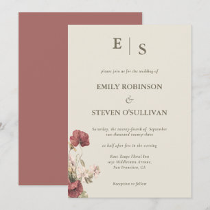 Elegant Dusty Rose Floral Monogrammed Invitation
