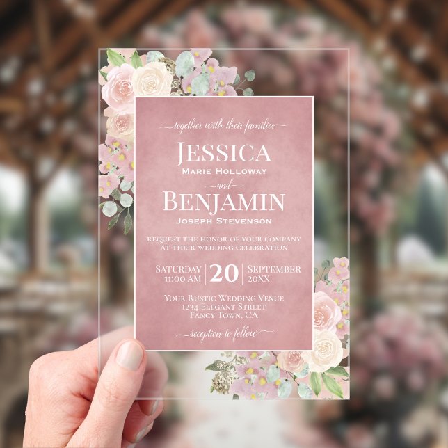 Elegant Dusty Rose Floral Stylish Text Wedding Acrylic Invitations (Clear Acrylic with Rectangle Cut)