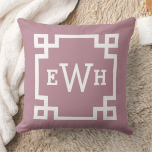 Elegant Dusty Rose Greek Key Monogram Initial Throw Pillow