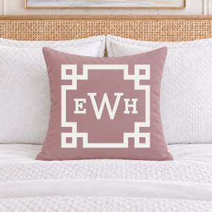 Elegant Dusty Rose Greek Key Monogram Initial Throw Pillow