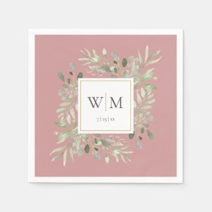 Elegant Dusty Rose Greenery Gold Monogram Napkin