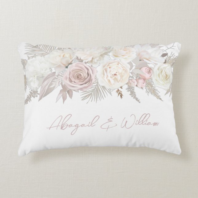 Elegant Dusty Rose & Ivory White Floral Wedding Accent Pillow (Front)