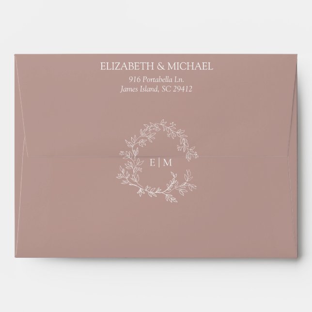 Elegant Dusty Rose Leafy Crest Monogram Wedding Envelope (Back (Top Flap))
