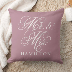 Elegant Dusty Rose Mr and Mrs Script Monogram Throw Pillow