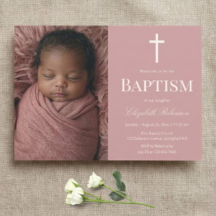 Elegant Dusty Rose Photo Baptism for Girl Invitation