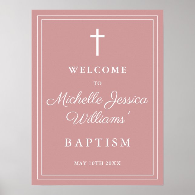 Elegant Dusty Rose Pink Baptism Welcome Sign (Front)