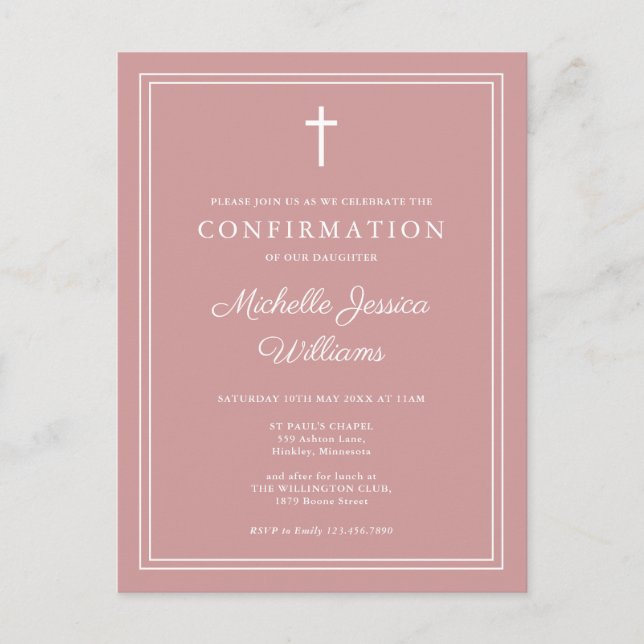 Elegant Dusty Rose Pink Confirmation Invitation Postcard (Front)