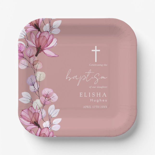 Elegant Dusty Rose Pink Elegant Floral Baptism Paper Plate (Front)
