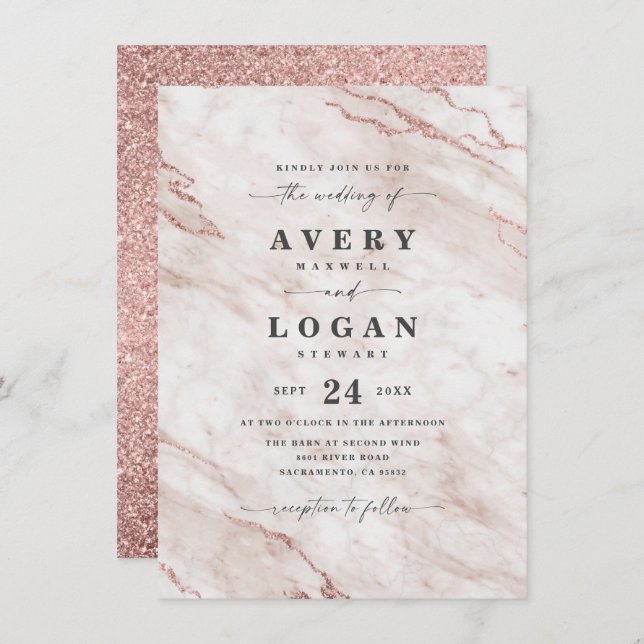 Elegant Dusty Rose Pink Marble & Glitter Wedding Invitation (Front/Back)
