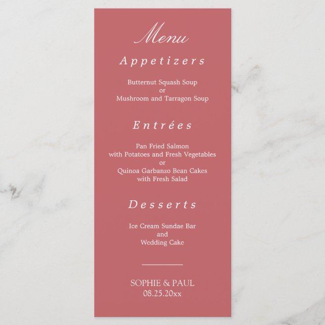 Elegant Dusty Rose Pink Wedding Menu (Front)