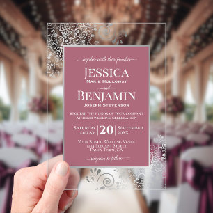 Elegant Dusty Rose & Silver Stylish Text Wedding Acrylic Invitations