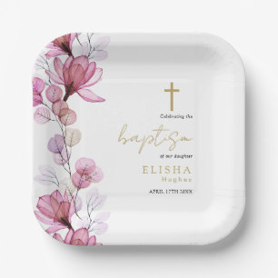 Elegant Dusty Rose Transparent Floral Baptism Paper Plate