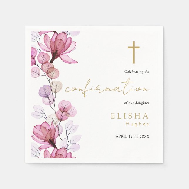 Elegant Dusty Rose Transparent Floral Confirmation Napkin (Front)