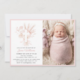 Elegant dusty rose watercolor florals Baptism  Invitation