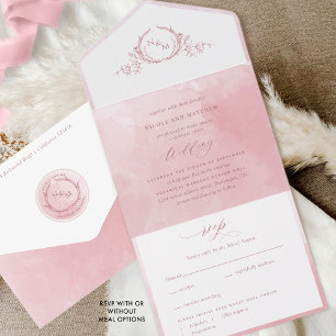 Elegant Dusty Rose Watercolor Monogram Wedding All In One Invitation