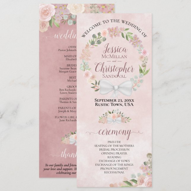 Elegant Dusty Rose Watercolor Wreath Wedding Program (Front/Back)
