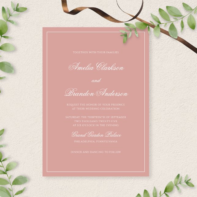 Elegant Dusty Rose & White Border Script Wedding Invitation (Creator Uploaded)