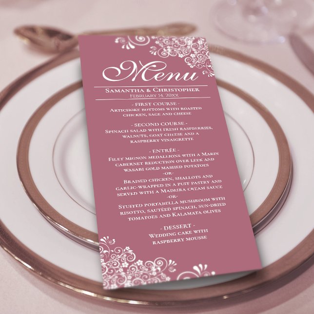 Elegant Dusty Rose & White Frilly Corners Wedding Menu (On Plate)