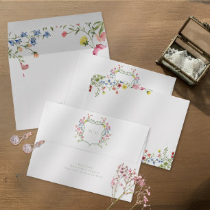 Elegant Dusty Sage Pastel Wildflower Crest Wedding Envelope