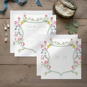 Elegant Dusty Sage Pastel Wildflower Crest Wedding Save The Date