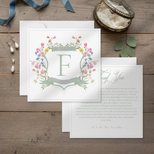 Elegant Dusty Sage Pastel Wildflower Crest Wedding Thank You Card