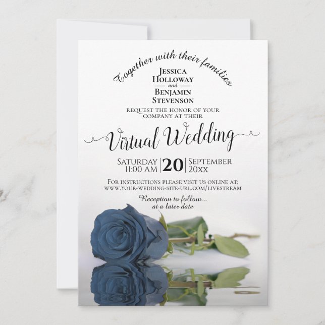 Elegant Dusty Steel Blue Rose Virtual Wedding Invitation (Front)