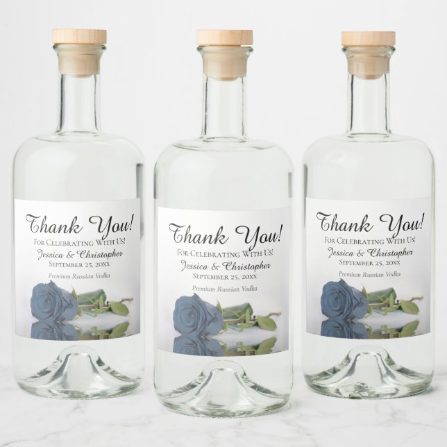 Elegant Dusty Steel Blue Rose Wedding Thank You Liquor Bottle Label (Bottles)