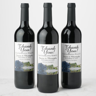 Elegant Dusty Steel Blue Rose Wedding Thank You Wine Label
