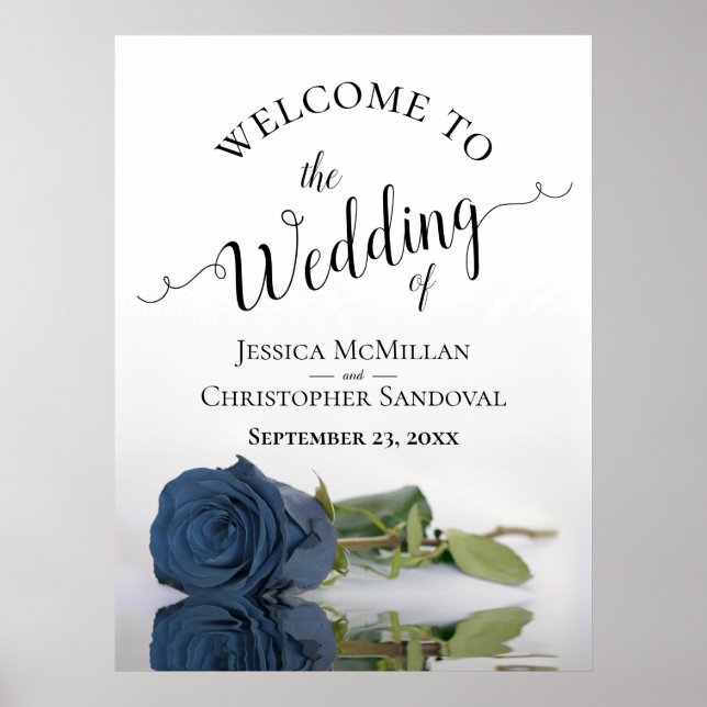 Elegant Dusty Steel Blue Rose Wedding Welcome Poster (Front)