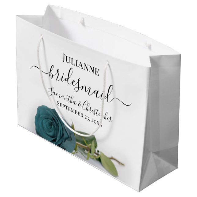 Elegant Dusty Teal Rose Posh Bridesmaid Wedding Large Gift Bag (Back Angled)