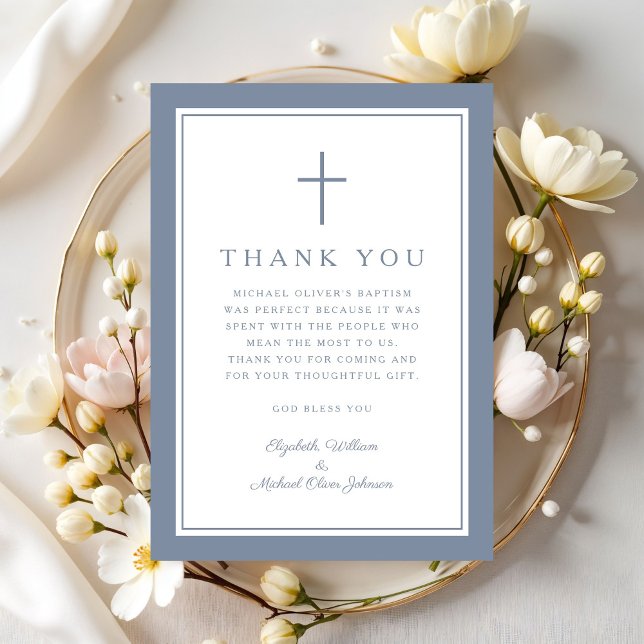Elegant Dysty Blue Religious Cross Baptism Thank You Card (Elegant Dysty Blue Religious Cross Baptism Thank You Card)