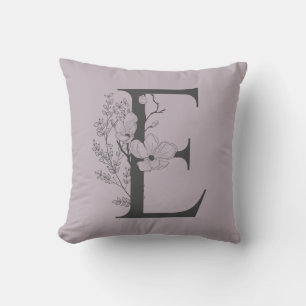 Elegant E Boho Floral Monogram Initial Lilac Grey Throw Pillow