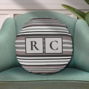 Elegant Earth Tone Brown Savannah Stripes Monogram Round Pillow