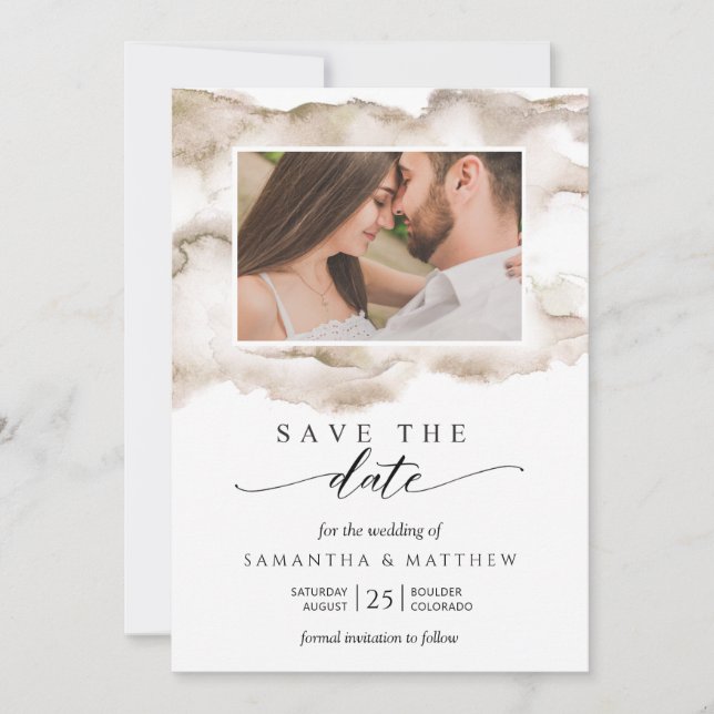 Elegant Earth Tones Watercolor Photo Save The Date (Front)