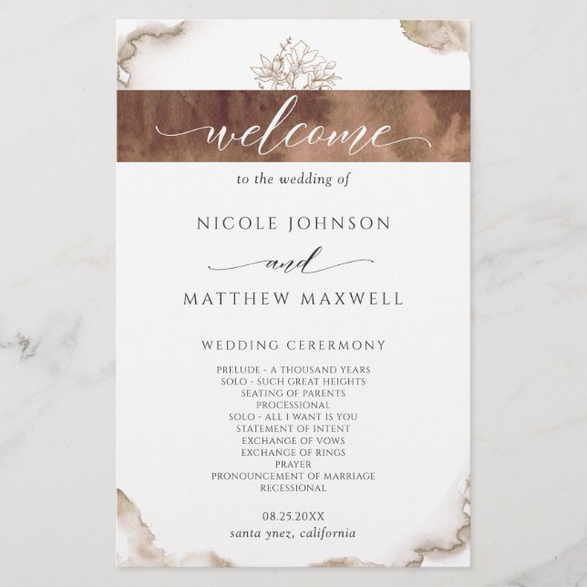 Elegant Earth Tones Watercolor Wedding Program (Front)