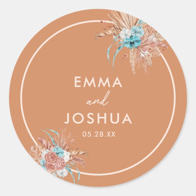 Elegant Earthy Boho Floral Wedding Classic Round Sticker (Front)